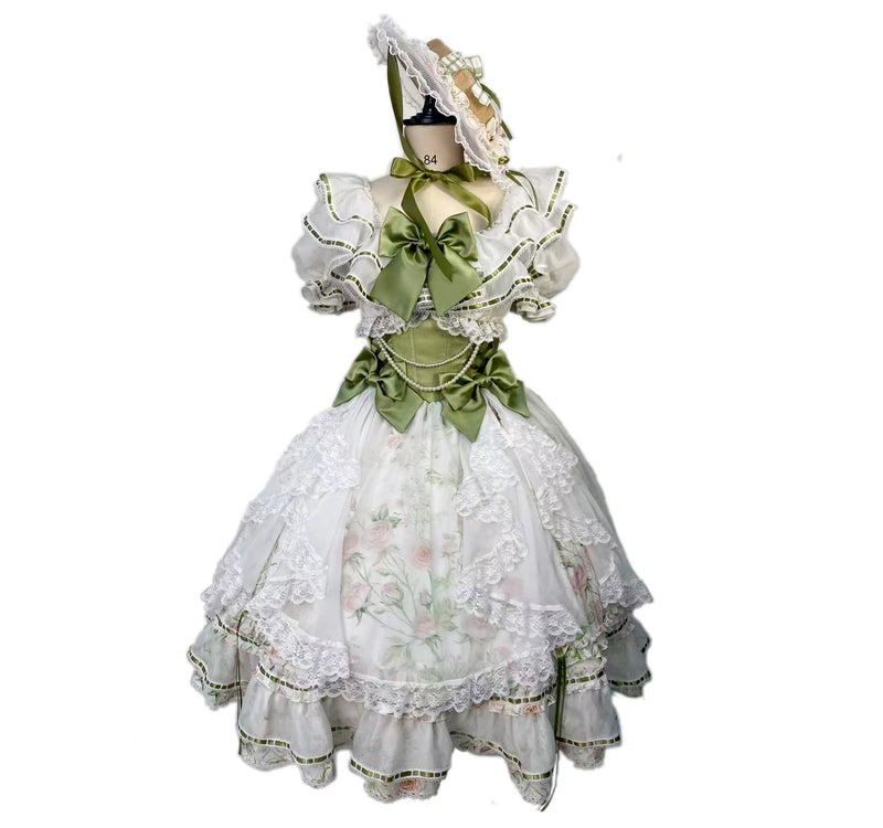 rosedecheese - Aphrodite's Spring - Green-and-White Long Skirt with Botanical Print