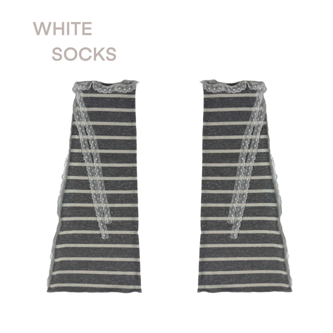 White Socks - Lace Stripe - Striped Slouch Socks with Lace Trim and Ties