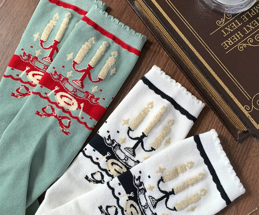 roji roji - Candle Motif - Cotton Mid-Calf Socks with Candelabra and Bow Details