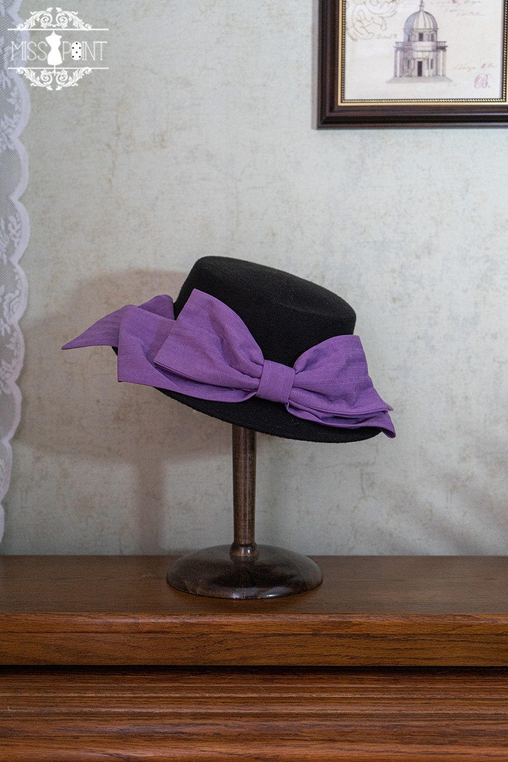 Stripped Lolita Headband Veil Hat Clip Necklace light purple top hat