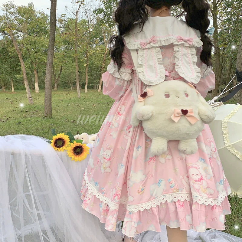 Lady Han Soft Sweet Bunny Lolita Fetch dress featuring a cute, pastel-colored OP with bunny details and delicate lace accents.