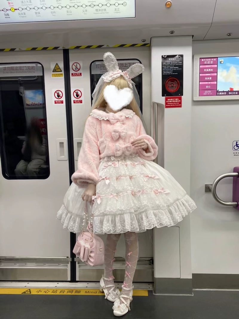 Pink Senyao fluffy bunny cropped jacket worn as a Lolita coordinate