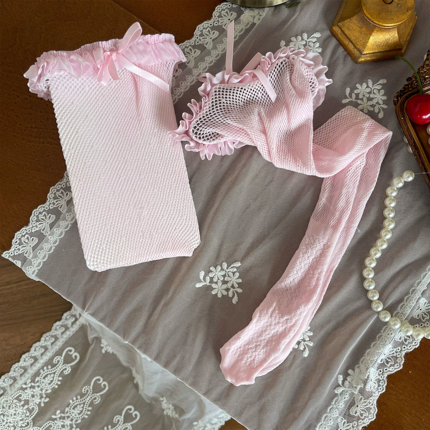 Sock Noble - Pink Lace Layering - Over-the-knee socks with layered lace trims and ribbon ties