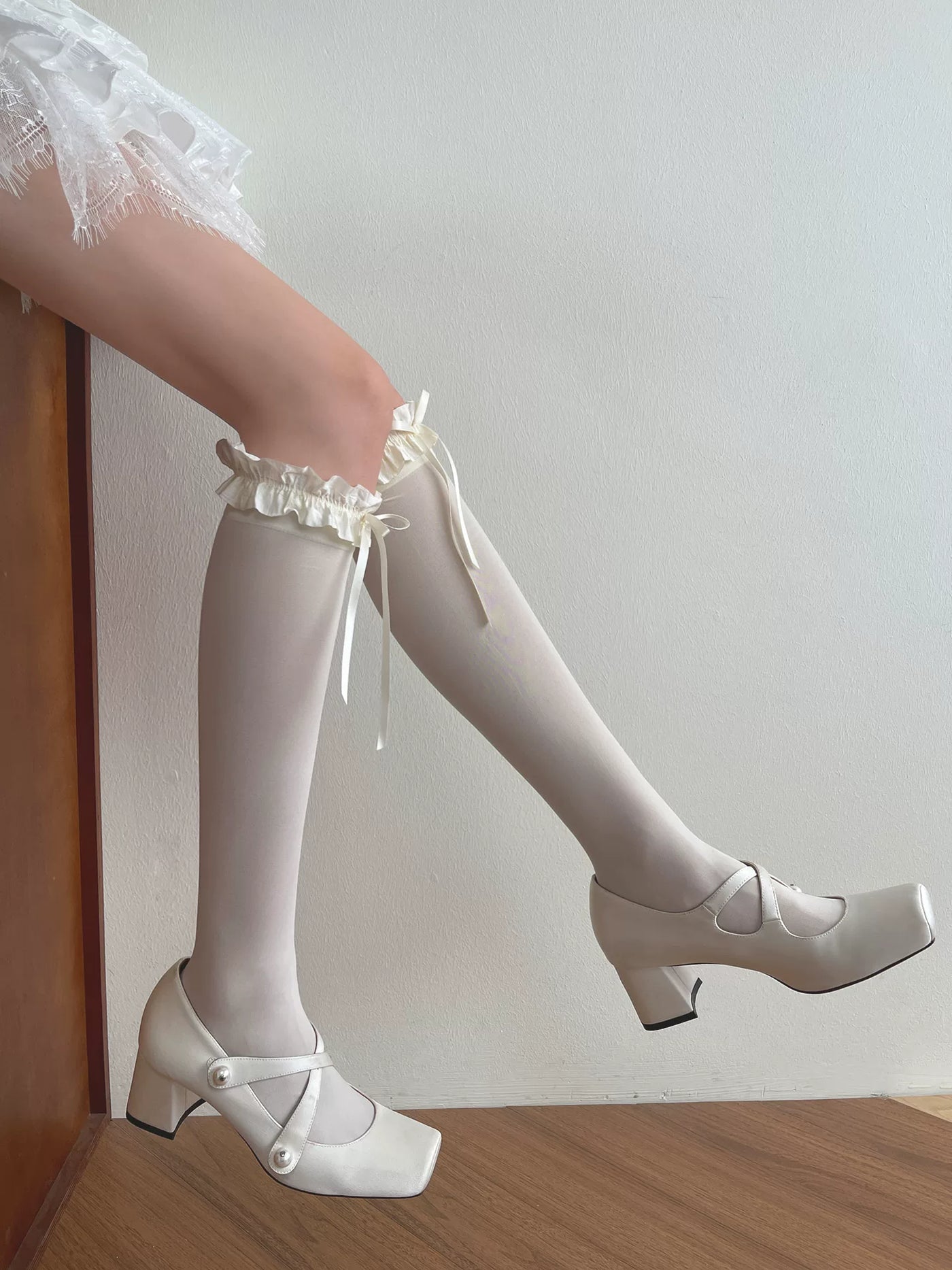 Sock Noble - Gray Ruffle - Velvet Slouch Socks with Bow-Tied Ruffle Cuffs