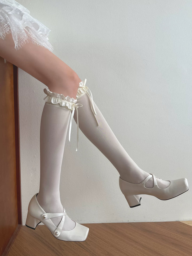 Sock Noble - Gray Ruffle - Velvet Slouch Socks with Bow-Tied Ruffle Cuffs