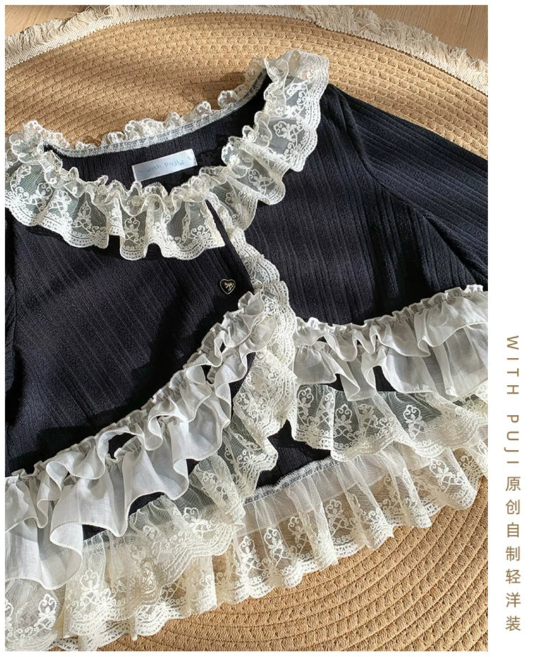 With PUJI - Bloom Period - Elegant Lolita Bolero, Layered Lace Ruffles