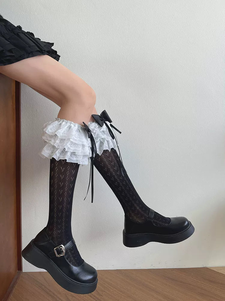 Sock Noble - Heart Lace - Black or White Heart-Patterned Lace Socks