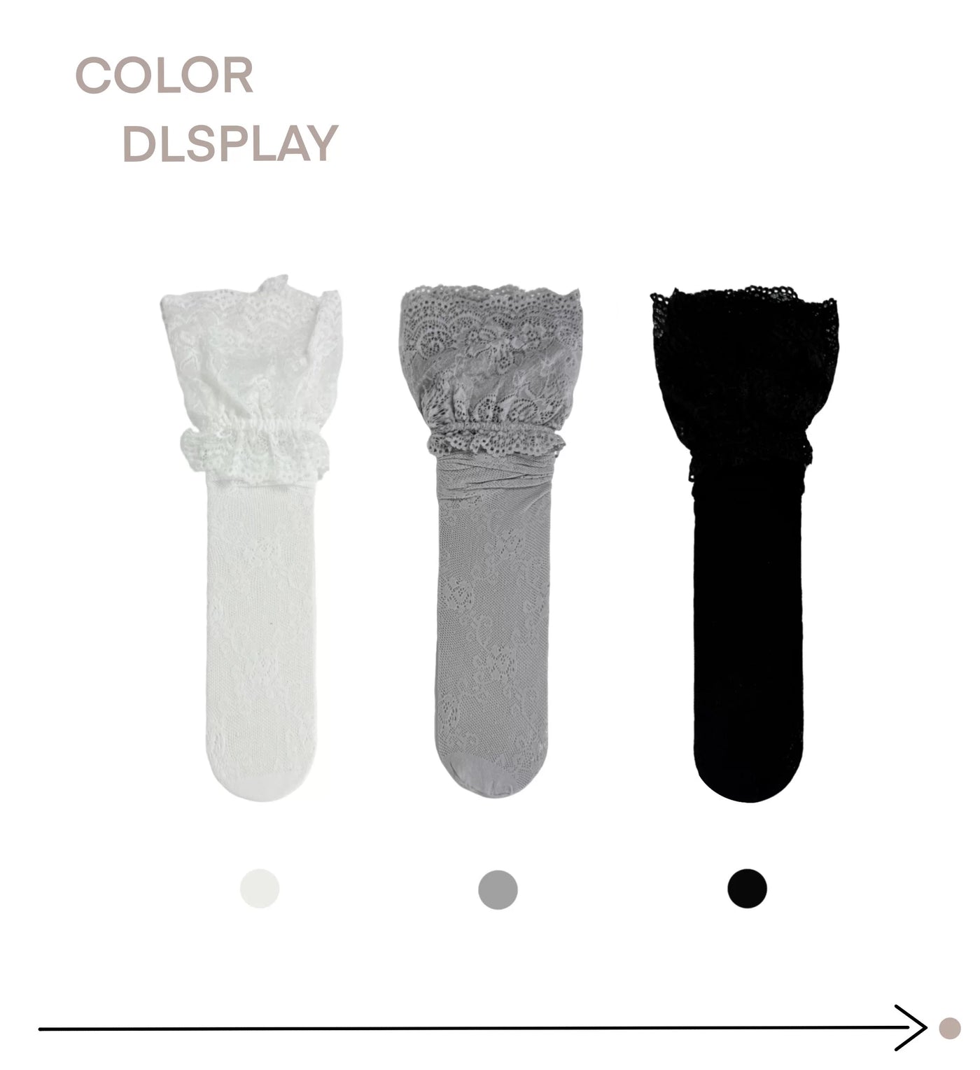 White, grey, and black lace mid-calf socks shown in a colour display and styled on legs.