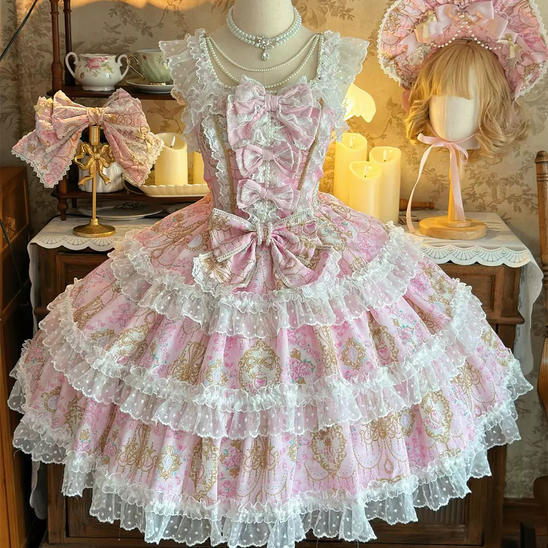 Lady Han Candelabra Chapter JSK dress by Lolita Fetch, featuring intricate original design fabric and elegant floral patterns.