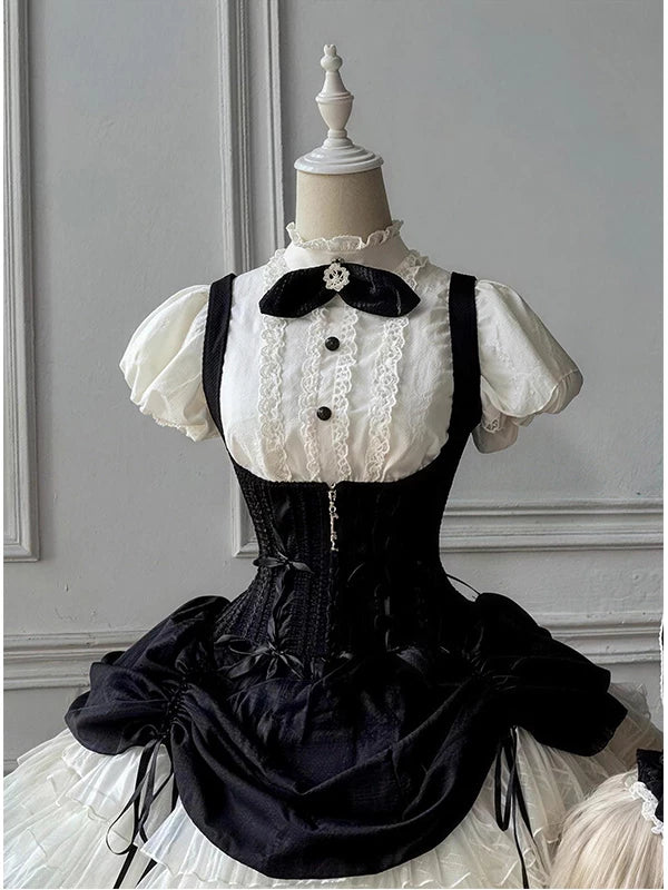 Creamy - Black Rabbit - JSK Set with Lace-Trimmed White Inner Top, Bow Tie and Hat