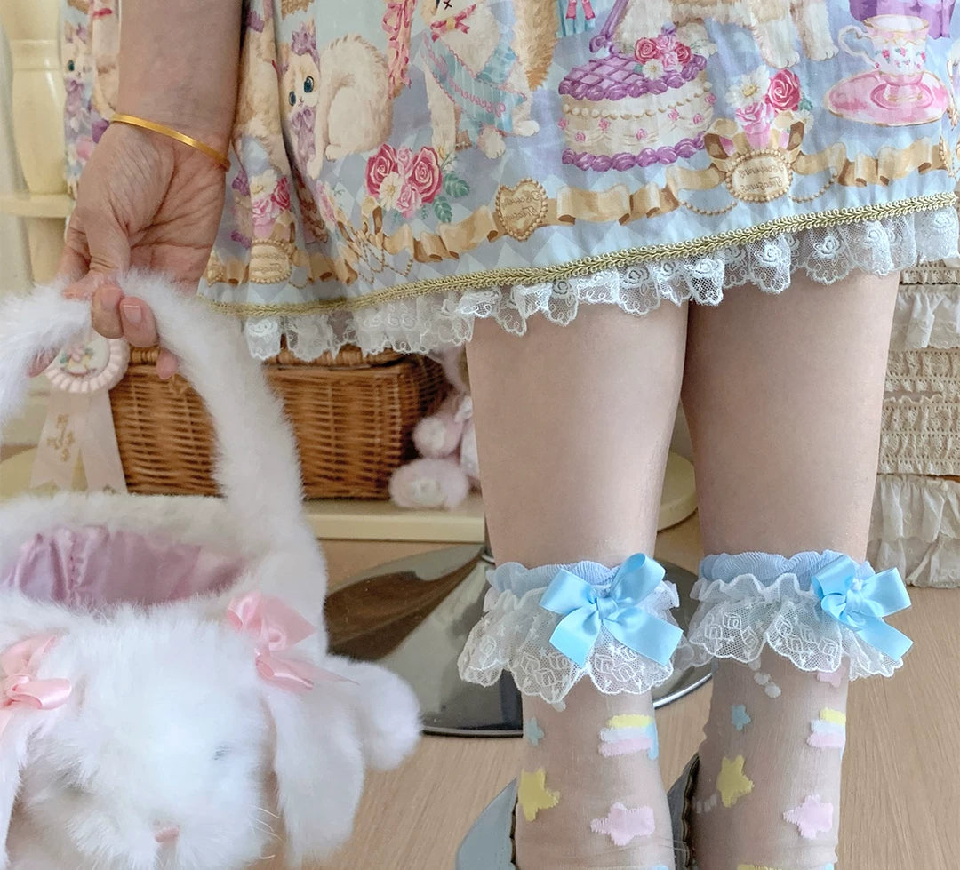roji roji - Twin Star - Sheer Mid-Calf Socks with Lace Cuffs and Bow Accents