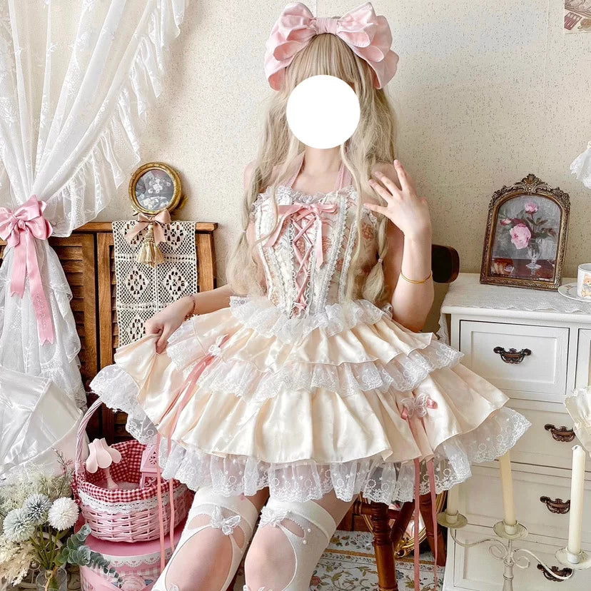 Ballet-inspired Lolita halter bodice and layered ruffle skirt set