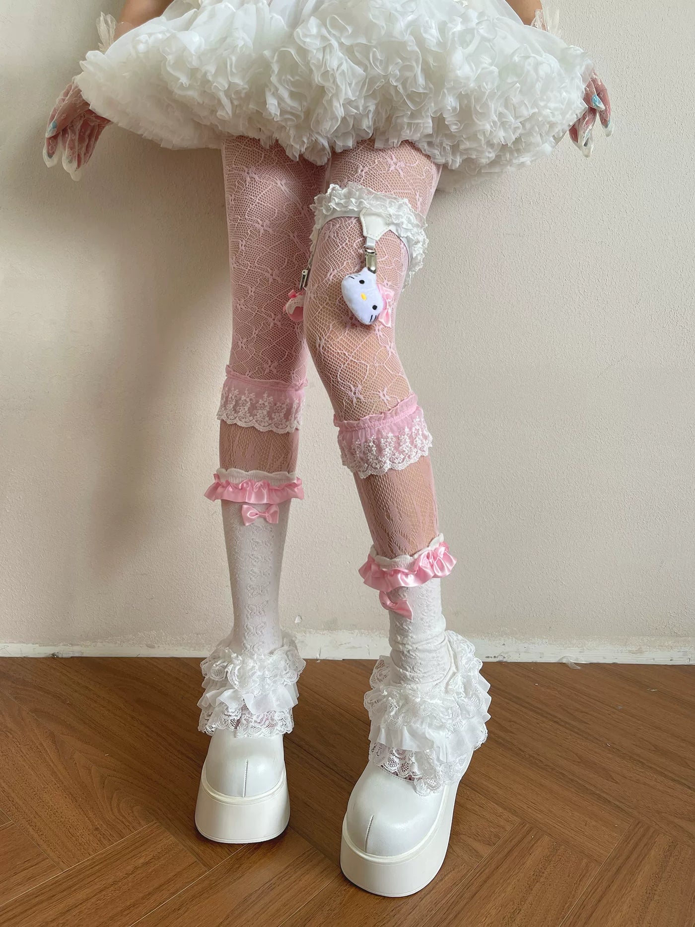 Sock Noble - Barbie Pink - Tights, Sock Covers or Clip Ring with Layered Lace and Bows