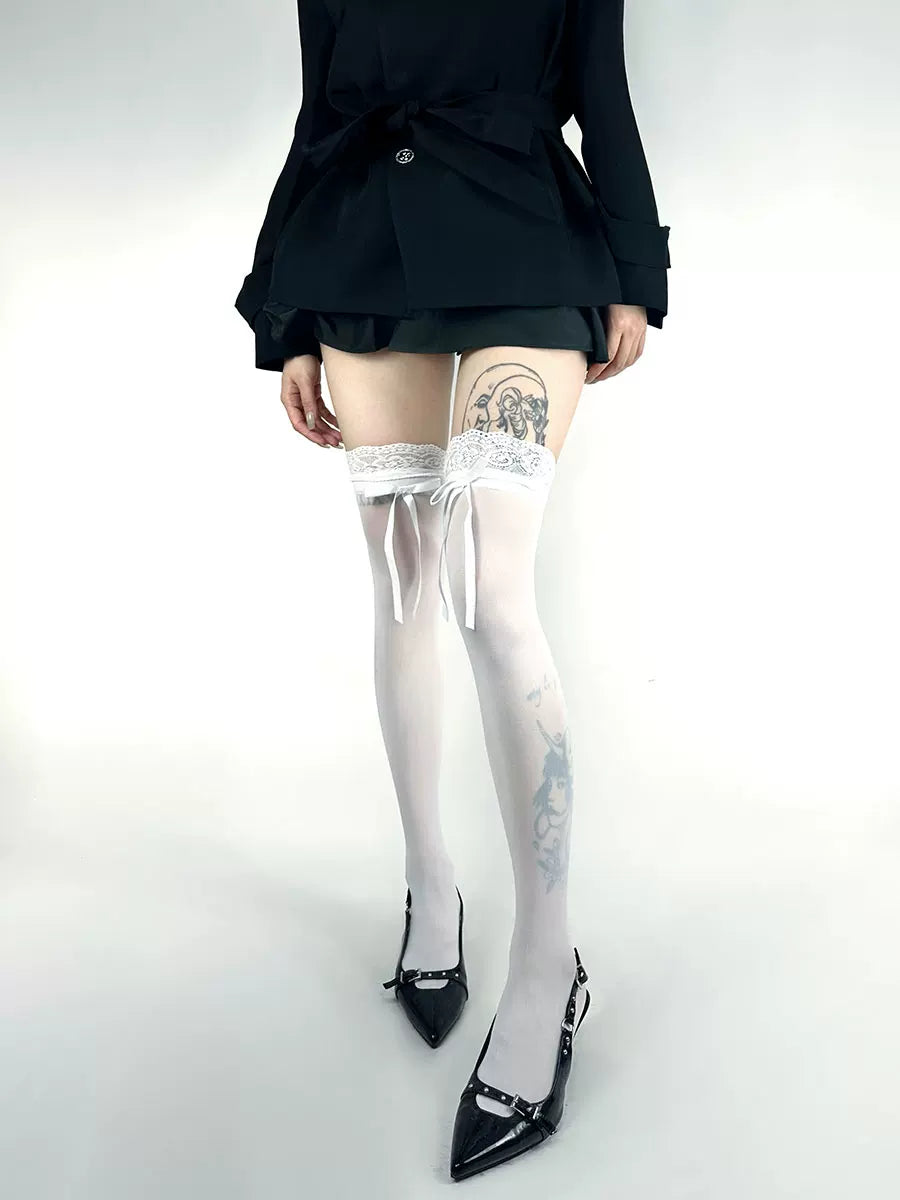 White Socks - Lace Bow - White Mid-Calf Socks with Lace Cuffs and Ribbon Bows