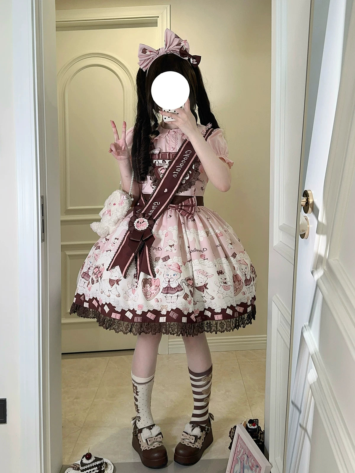 Heartbeat Meow Chocolate - Printed Pinafore JSK Dress - detail view 3