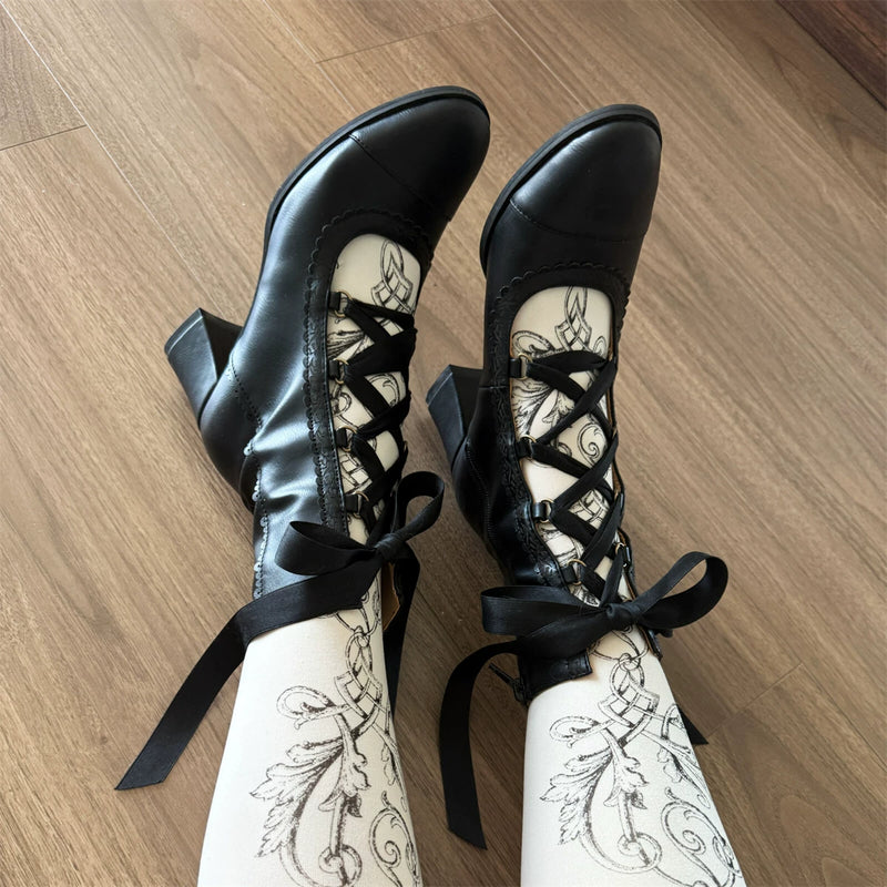 MODO Angel Flower Wall Ribbon Lace-Up Lolita Boots – design details – view 4