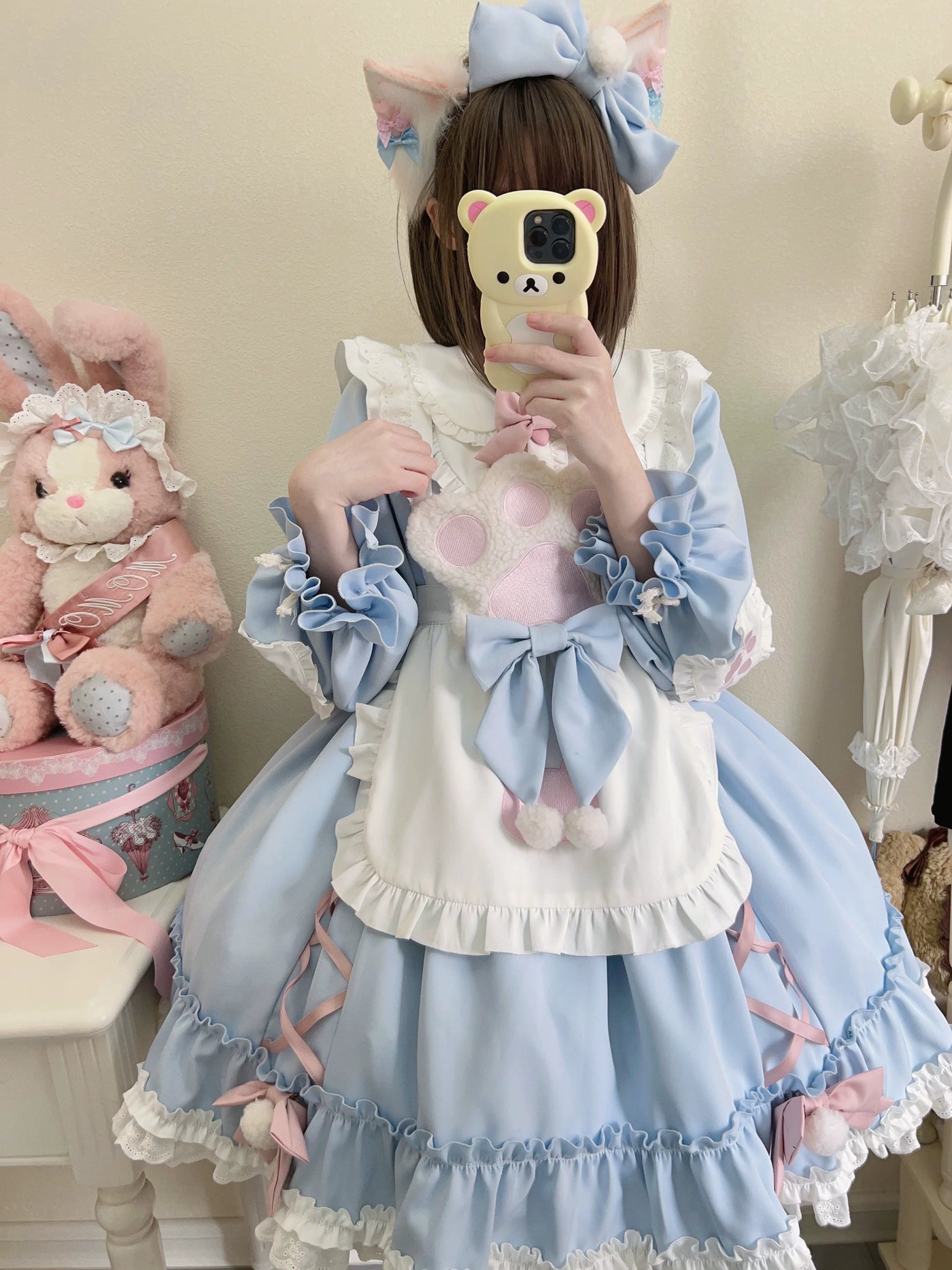 Tata Long Ear - Meow Meow - Blue OP Dress with a Ruffled Apron