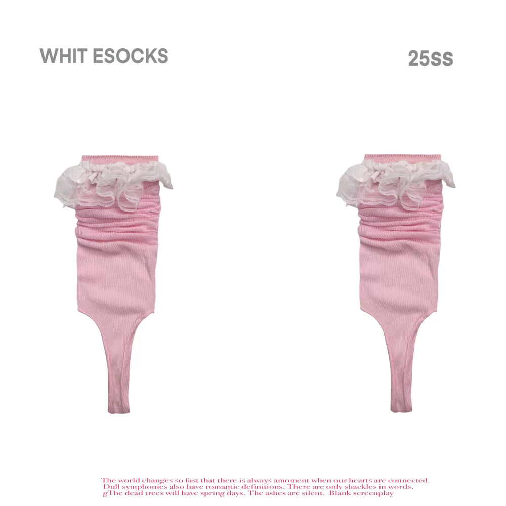 Pink scrunch stirrup socks with lace cuffs shown as a flat-lay pair.