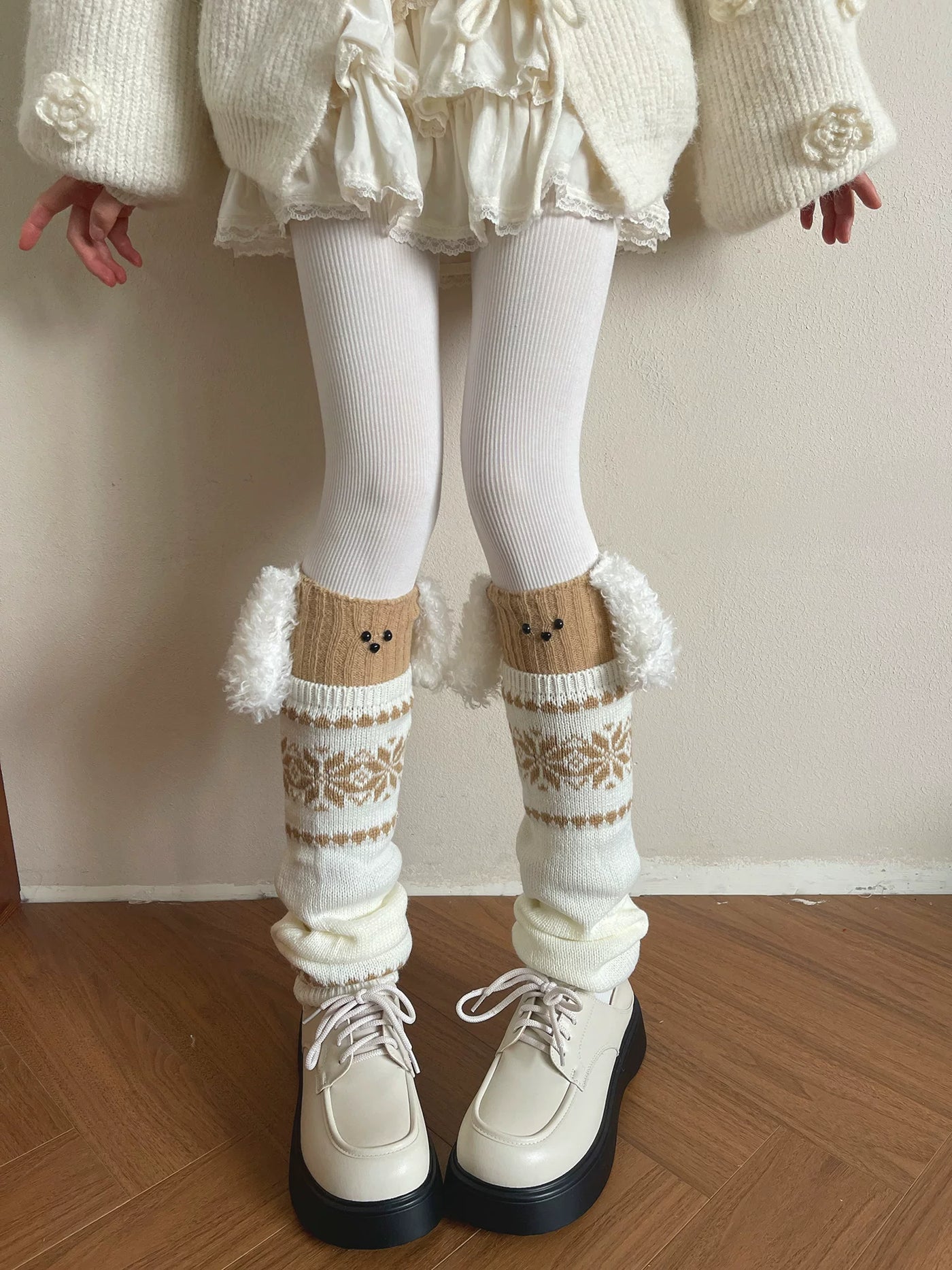 Sock Noble - Nordic Snowflake Layers - Socks with snowflake-patterned leg covers and a white fine-striped tights option