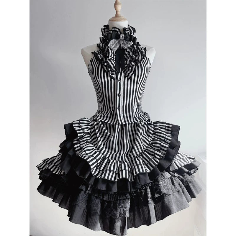 Creamy - Gothic Stripe - Black-and-white striped halter top and skirt set