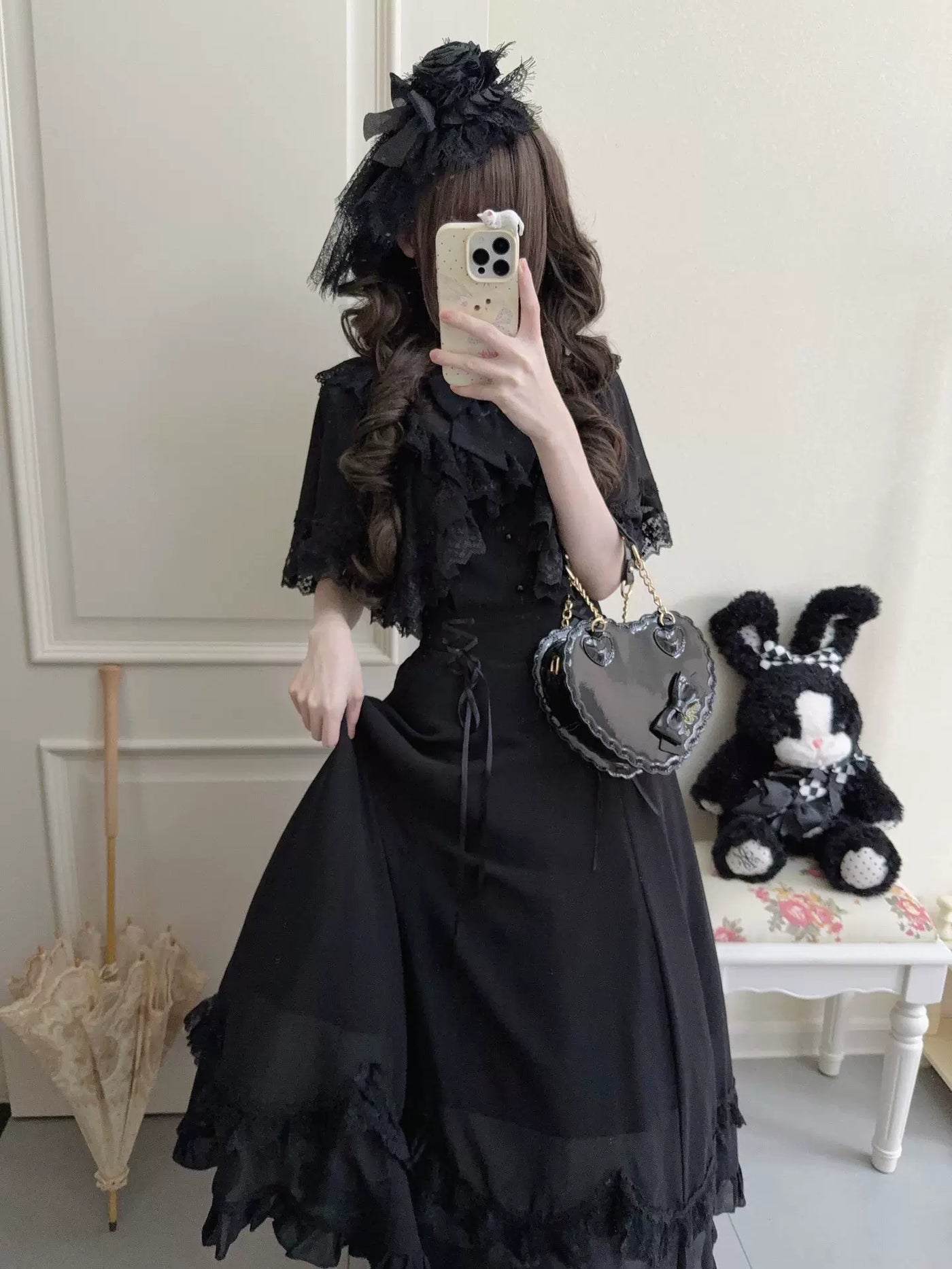 Creamy - Midnight Lace Cape - Black Lolita dress with a lace cape and layered hem
