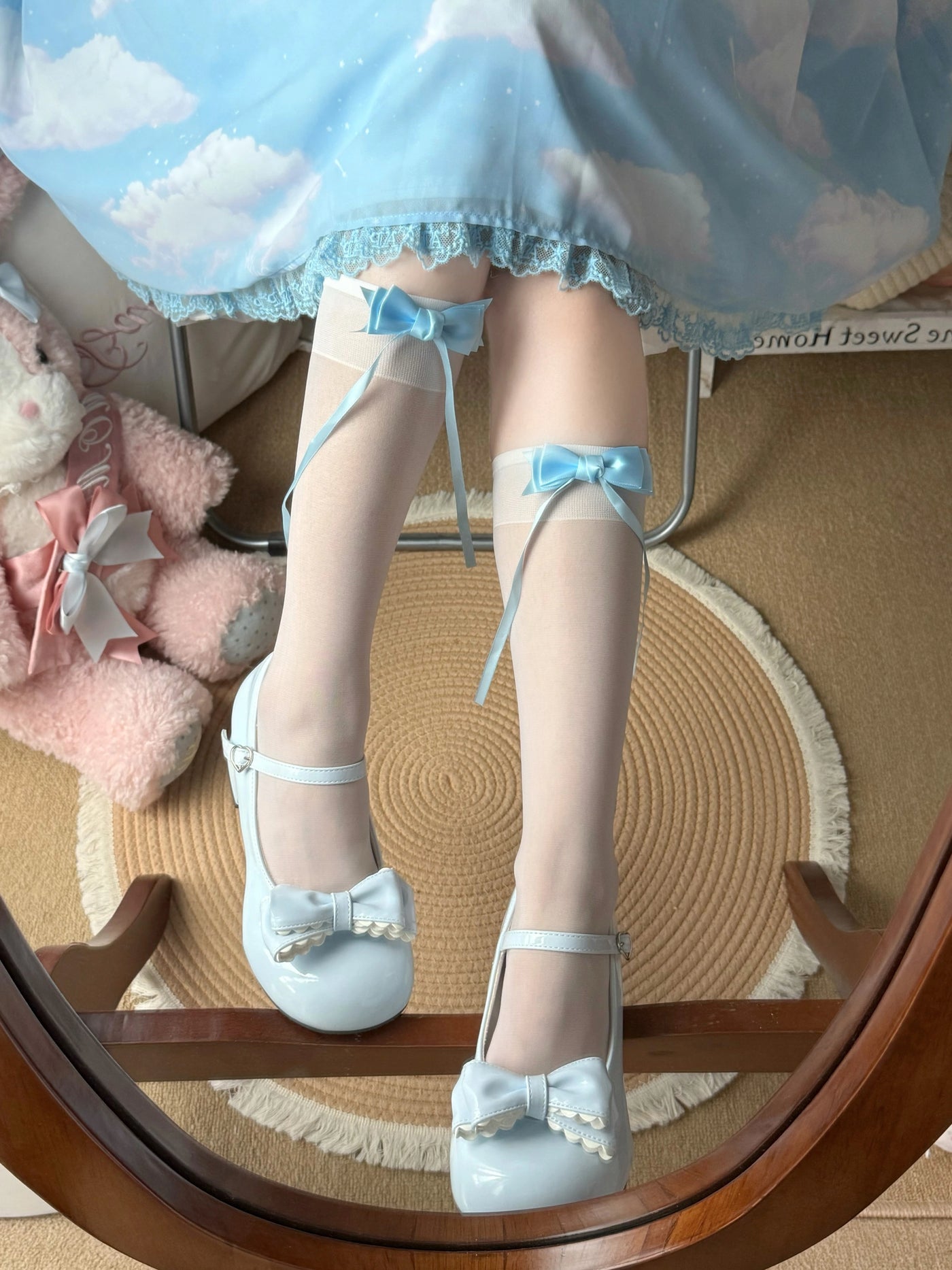 Fantasy Doll - Ribbon Contrast - Sheer Bow Mid-Calf Socks