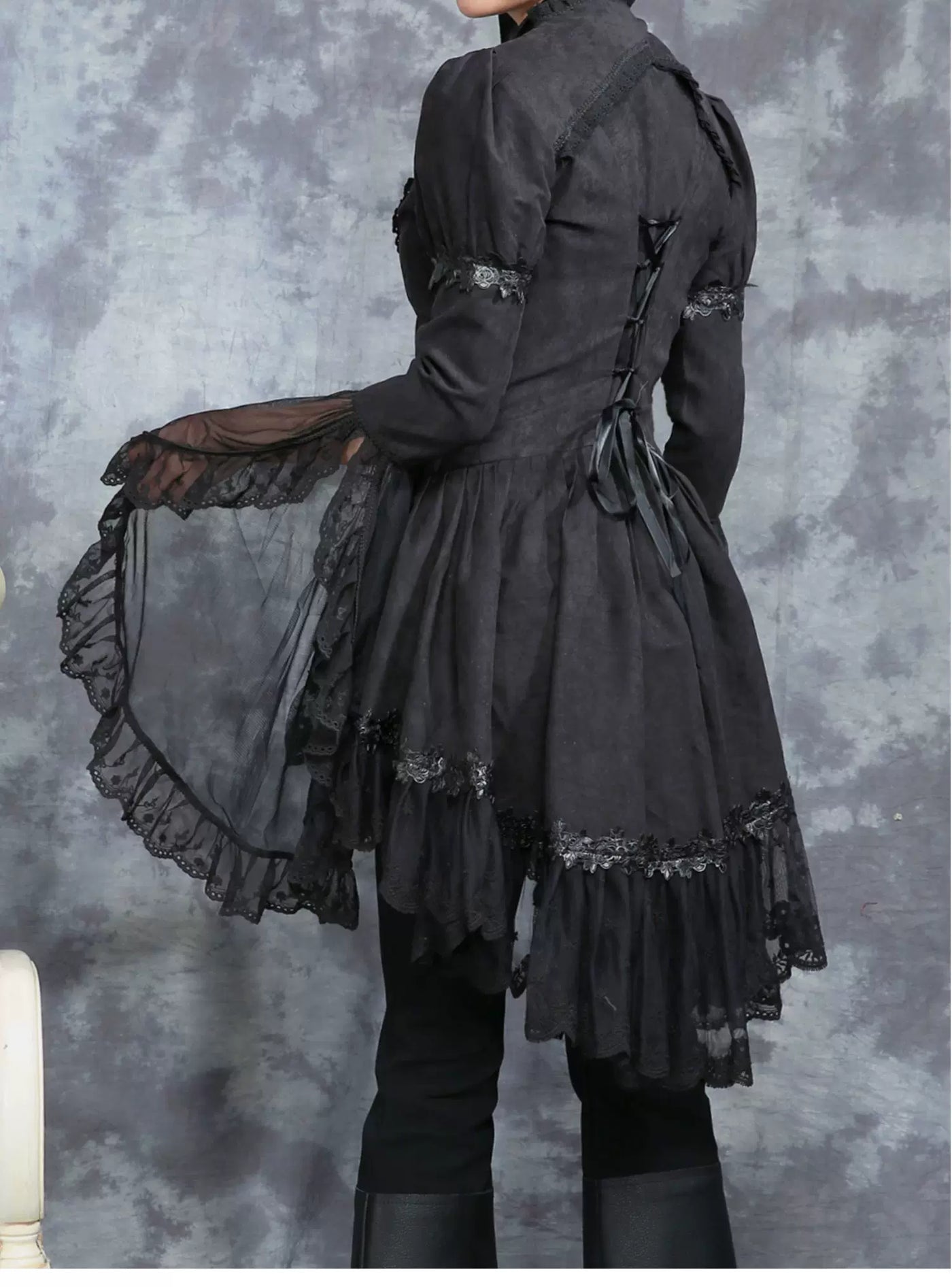 LACE GARDEN - Dark Lace - Black Mesh Outerwear and Mermaid Skirt Set with Lace Trim