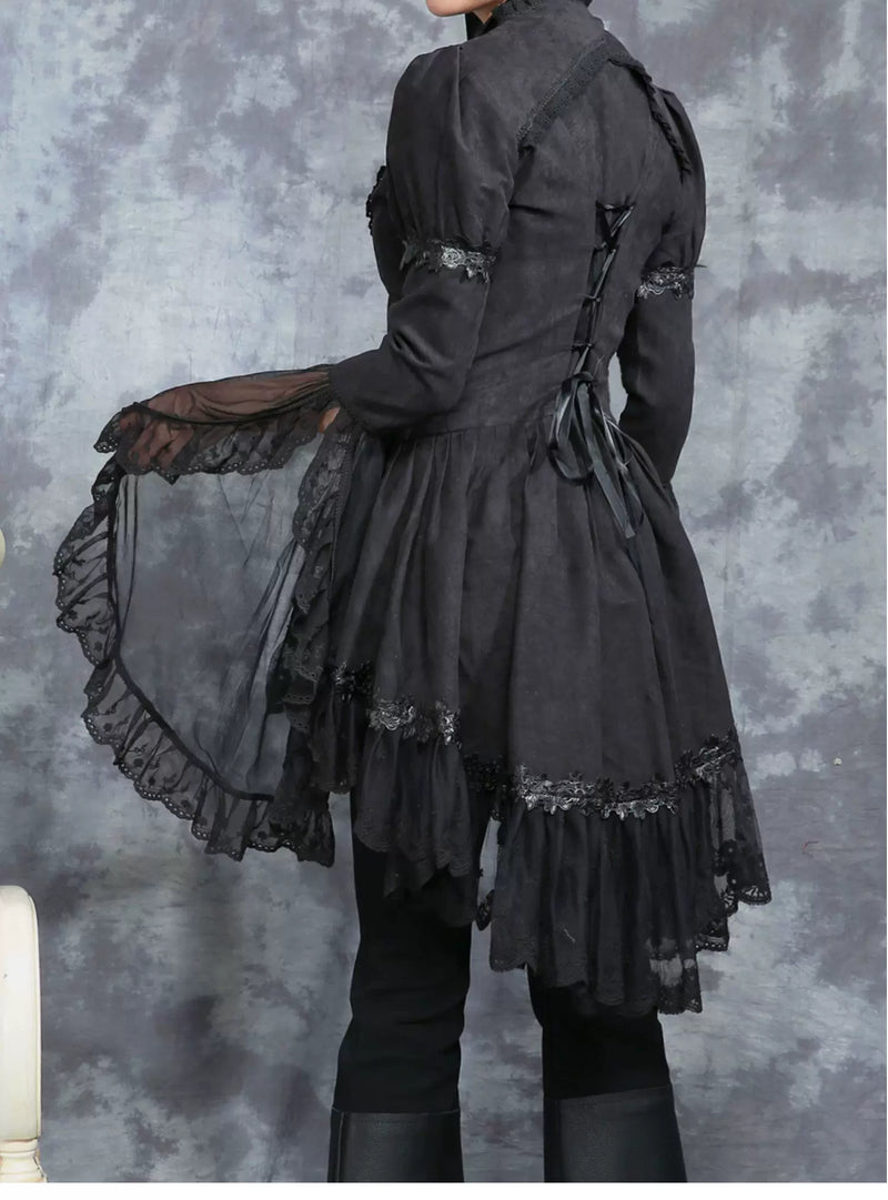 LACE GARDEN - Dark Lace - Black Mesh Outerwear and Mermaid Skirt Set with Lace Trim