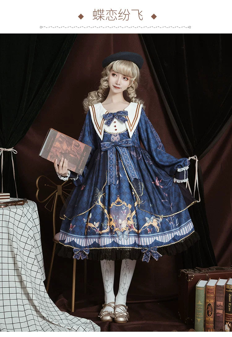Elegant leopard cat print Lolita dress by Fetch featuring butterfly love design, perfect for cute, daily wear.