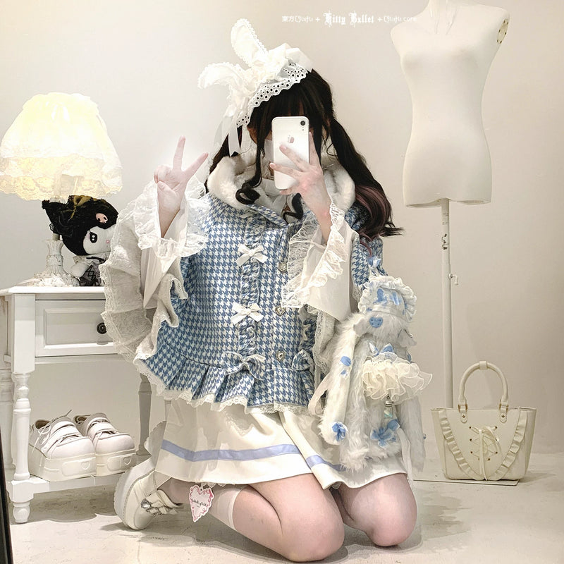 KittyBxllet Pompom Sweetheart Houndstooth Hooded Cape — additional product view