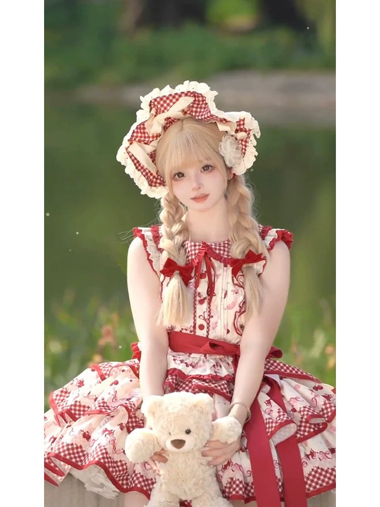 Dream Bunny - The Cherries Are Ripe - Cherry-Print Lolita Fashion Set with Gingham Ruffles