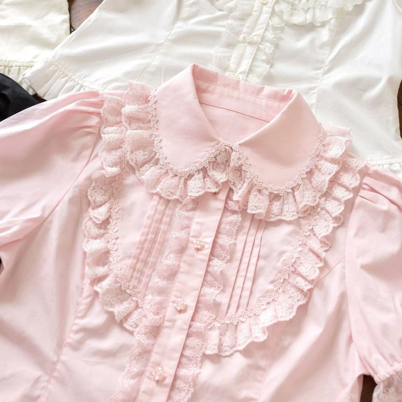 Sweetheart Dream Machine - Cream Lace Collar - Blouse with Short Puff Sleeves and Lace Trim