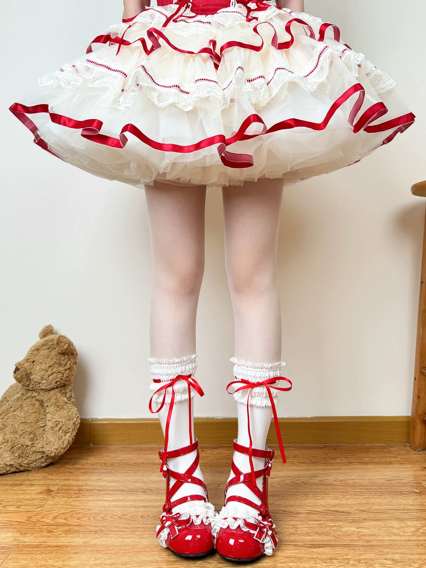 Chubby Bear Tales - Red Ballet - Seven-Option Socks Collection with Ribbon and Lace