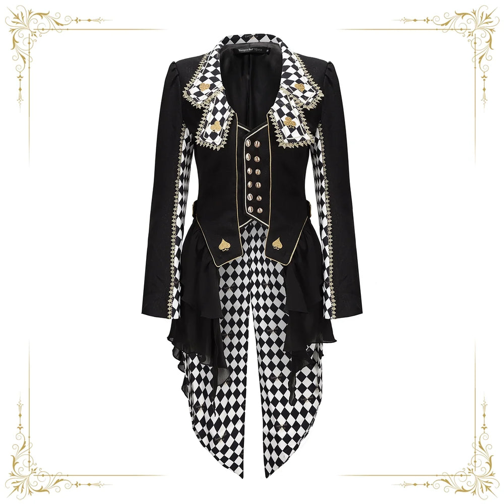 Black and white checkered Ouji Lolita tailcoat with embroidered lapels and split tail