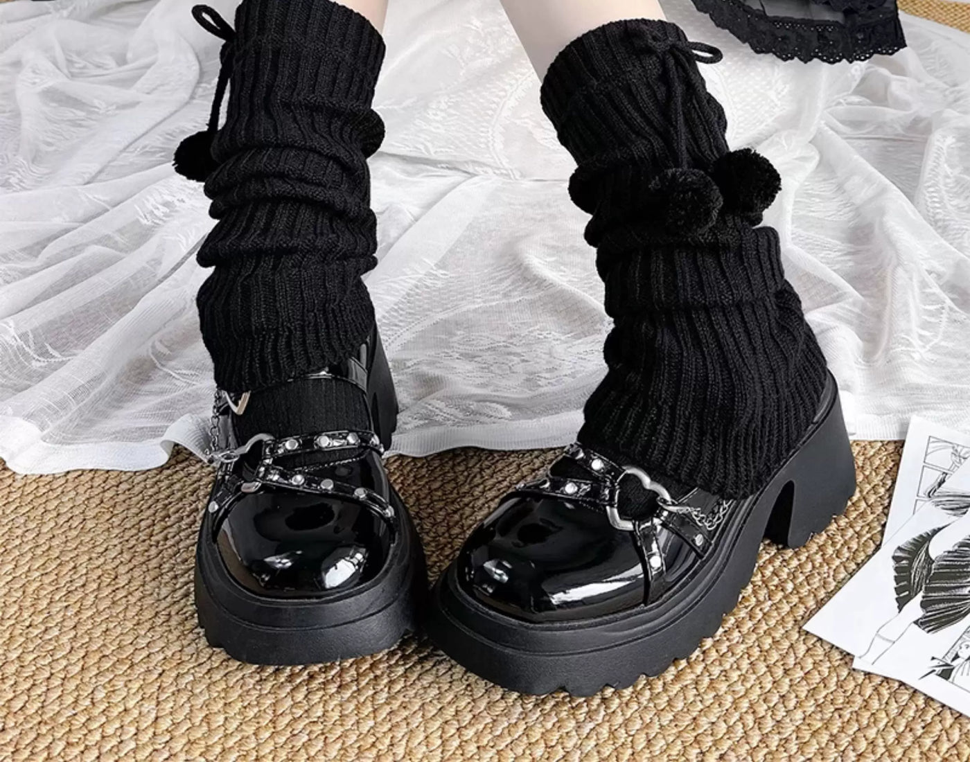 Floral Milk Cat - Maillard Knit - Mid-Calf Slouch Socks with Pom-Pom Ties