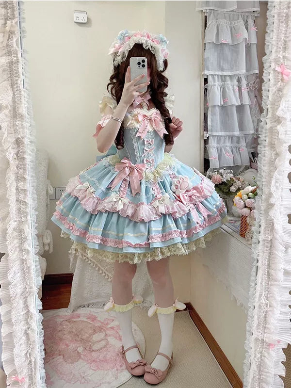Creamy - Candy Pastel Princess - Pastel Blue-and-Pink JSK Dress Set with Layered Lace Ruffles