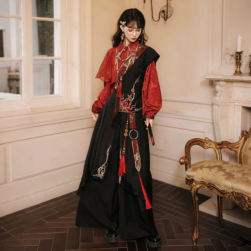 Fan Hua Xin Embers Wuxia-Inspired Blouse & Trousers — Top + Trousers + Vest + Necklace