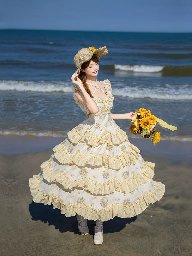 With PUJI - Small Sunflower - Classic Lolita JSK with Sunflower Print detail view 4