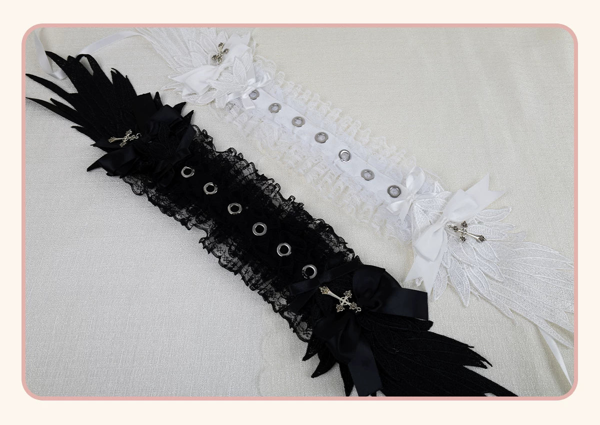 Stardust Rose - Winged Cross - Black-and-White Lace Headband with Wings and Cross Details