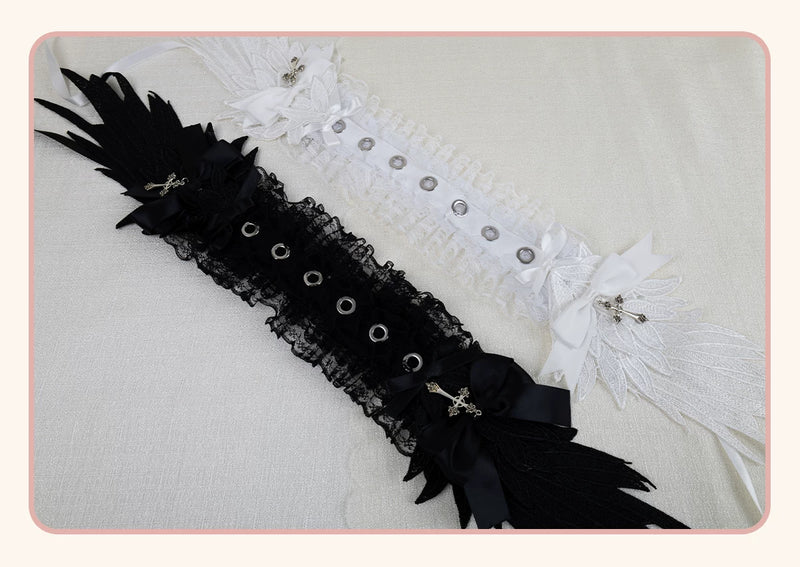 Stardust Rose - Winged Cross - Black-and-White Lace Headband with Wings and Cross Details
