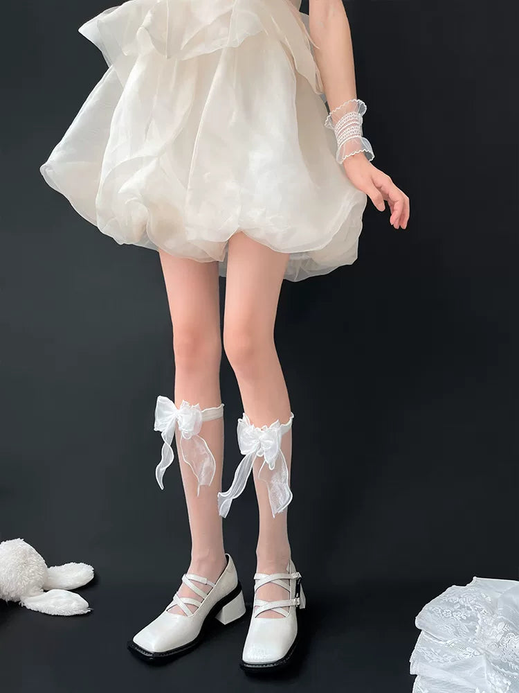 Sock Noble - Crystal Bow - Sheer Mid-Calf Slouch Socks with Bow Detail