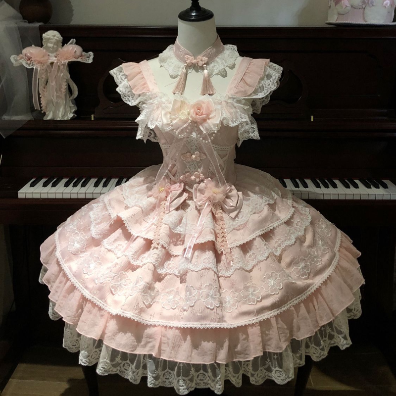 Lady Han Peach Rain Chinese Sweet JSK Dress by Lolita Fetch featuring a pink and peach rain-themed print with bow accents.