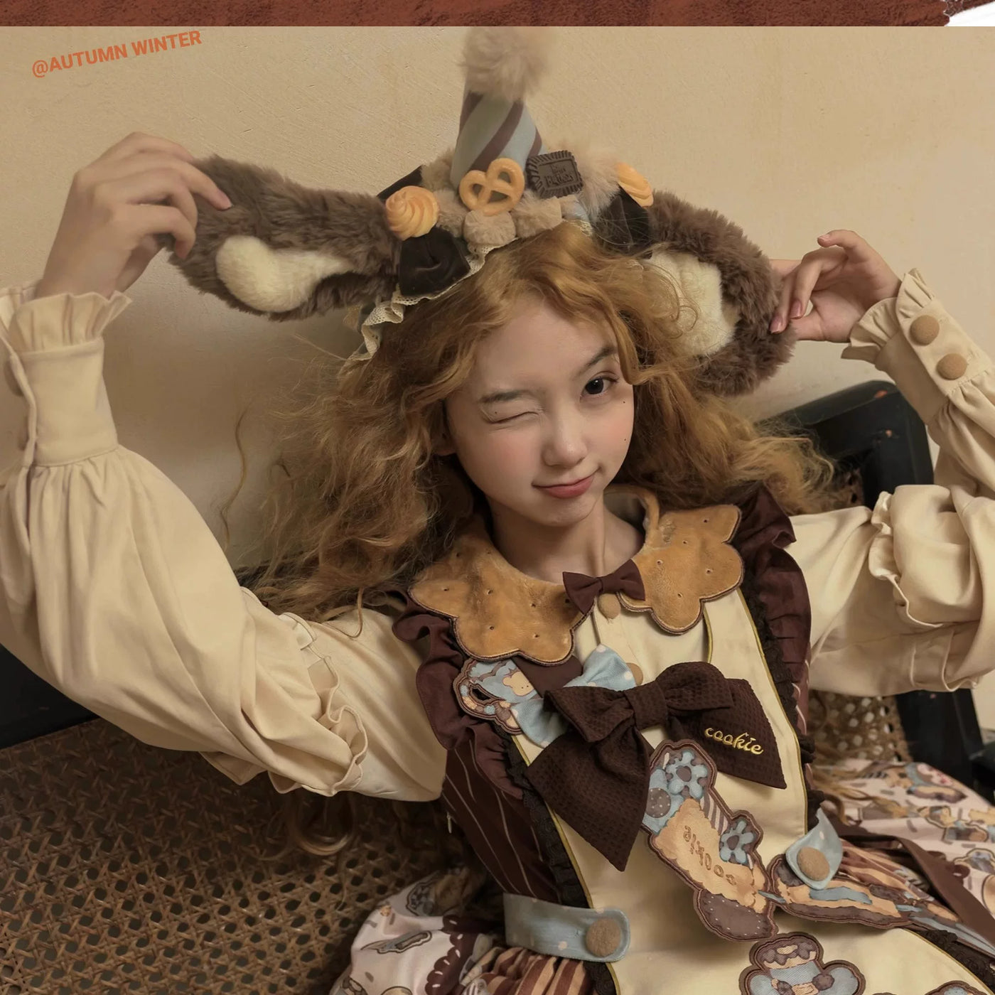 Bear Cookie Lolita coord set with bear ear headband, double-sided cloak, sash, and bear teacup brooch