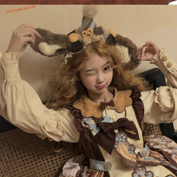 Bear Cookie Lolita coord set with bear ear headband, double-sided cloak, sash, and bear teacup brooch