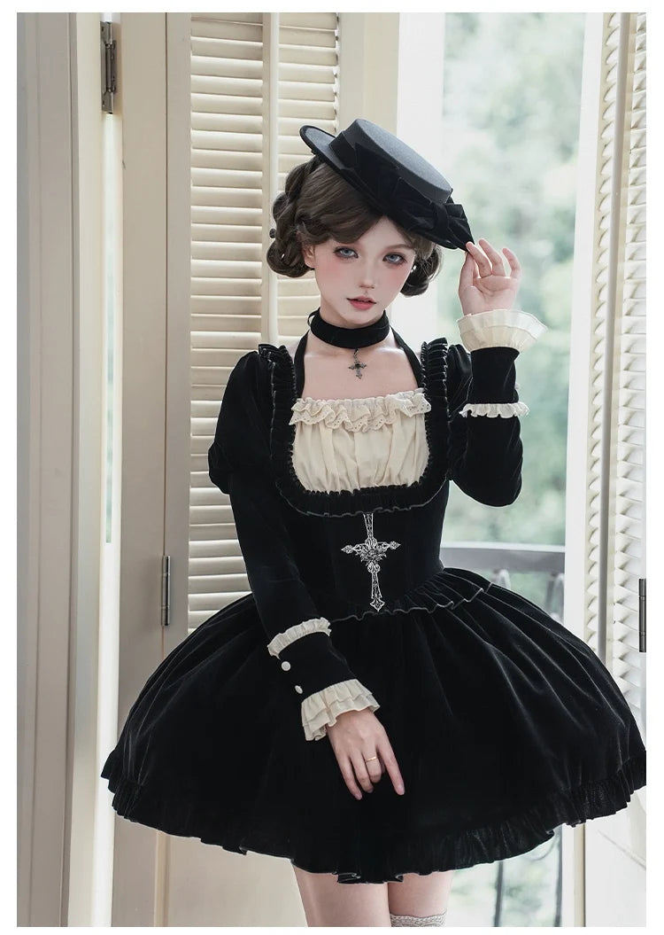 With PUJI - Apocalypse - Gothic Lolita Velvet OP Dress Set, Fishbone Waist