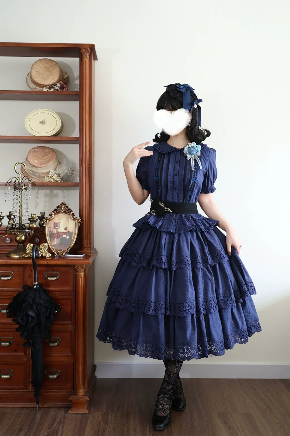 Forest Waltz - Classic Lolita Tiered Skirt Multi-layer Embroidered SK S Navy 3-layer skirt only