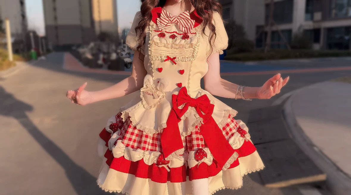 Xian Diandian - Berry Milk - OP or JSK Dress with Layered Ruffles and Bows