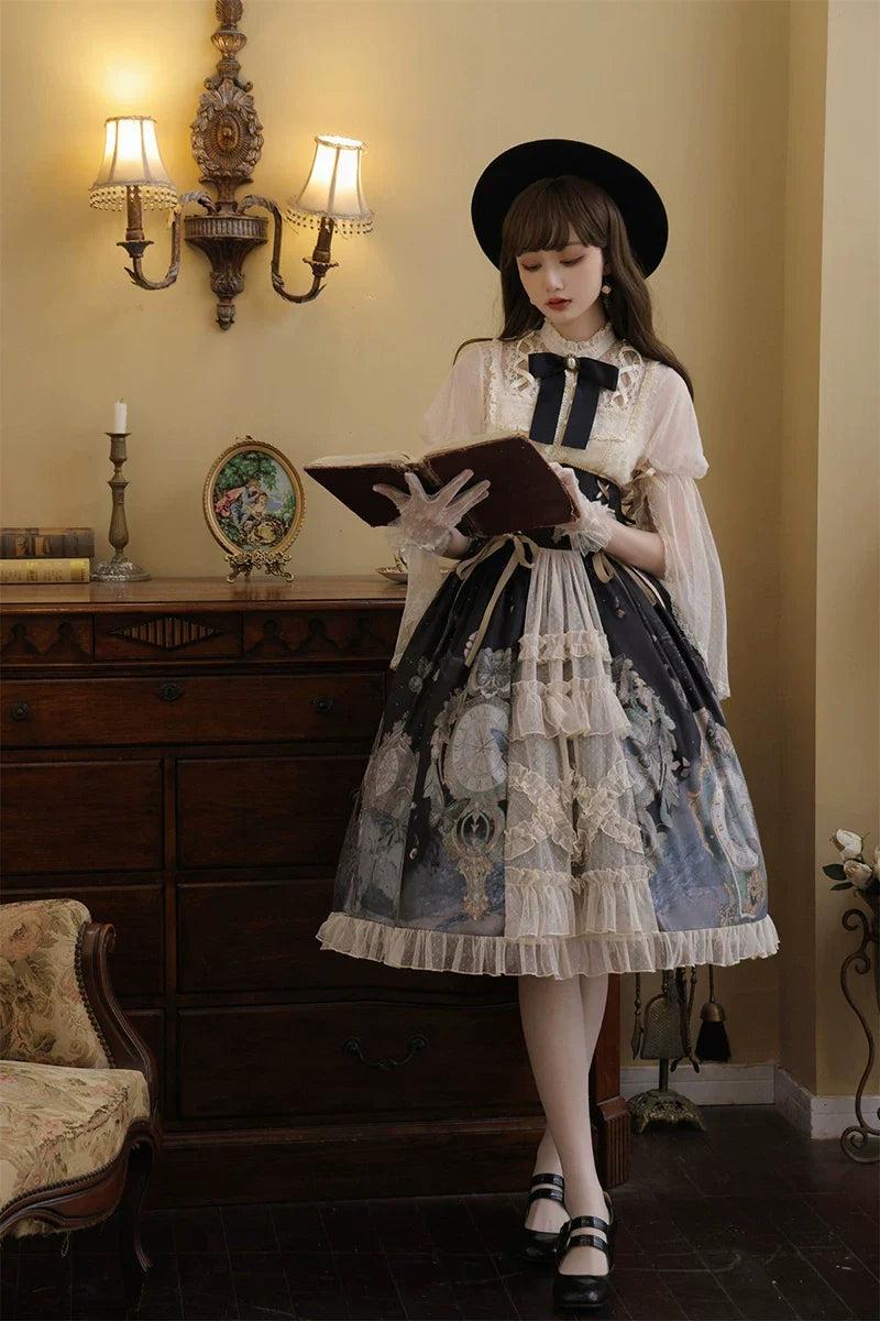 Your Princess - Clock Butterfly - Gothic Lolita Printed Blouse and Corset Skirt Set