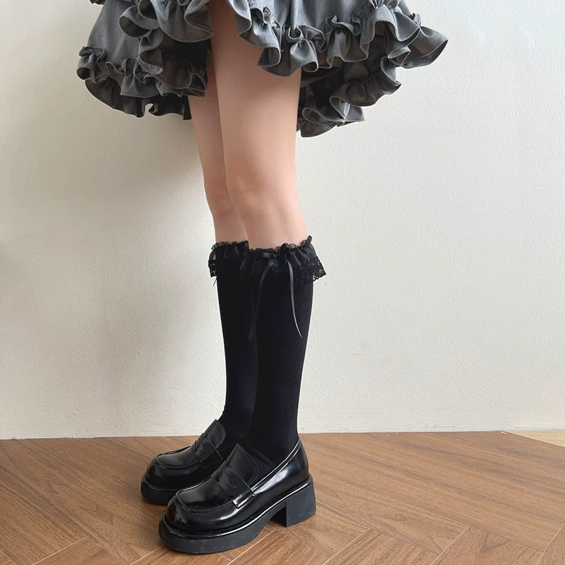Sock Noble - Ribbon Embroidery - Embroidered Bow Mid-Calf Slouch Socks