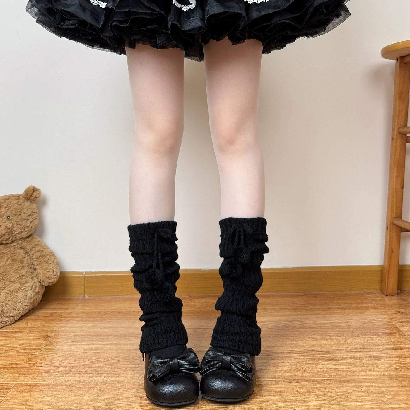 Chubby Bear Tales - Antique Doll Pompom - Ribbed leg warmers with drawstring pom-pom ties